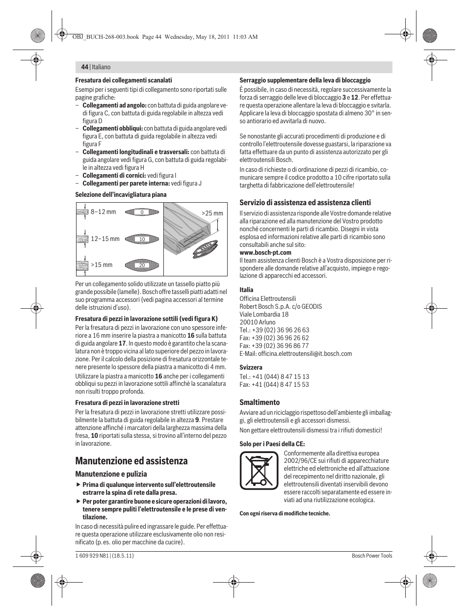 Manutenzione ed assistenza | Bosch GFF 22 A Professional User Manual | Page 44 / 173