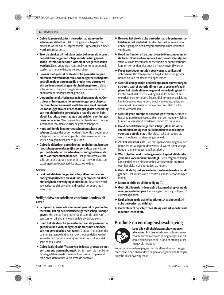Product- en vermogensbeschrijving | Bosch GFF 22 A Professional User Manual | Page 46 / 173