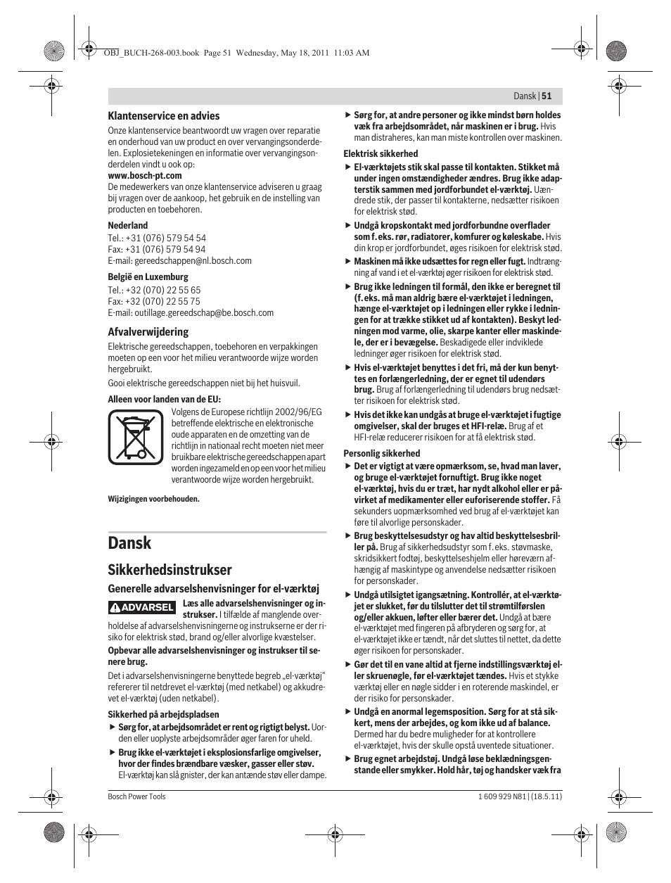 Dansk, Sikkerhedsinstrukser | Bosch GFF 22 A Professional User Manual | Page 51 / 173