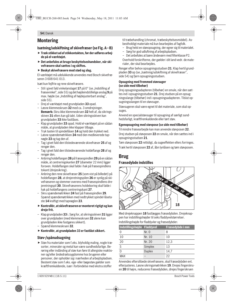 Montering, Brug | Bosch GFF 22 A Professional User Manual | Page 54 / 173