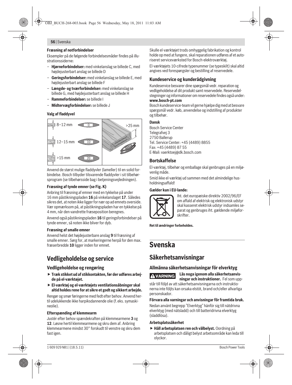 Svenska, Vedligeholdelse og service, Säkerhetsanvisningar | Bosch GFF 22 A Professional User Manual | Page 56 / 173