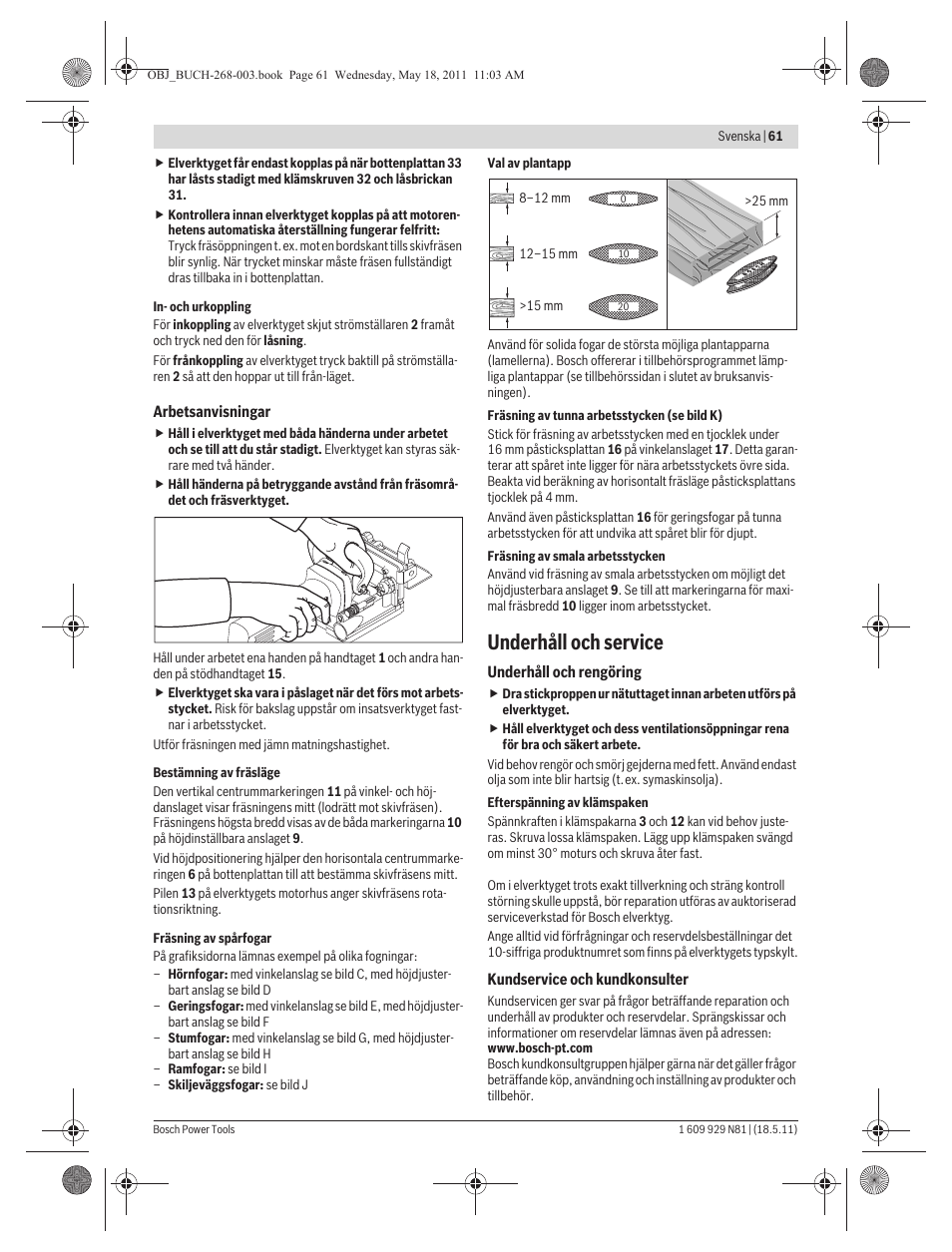 Underhåll och service | Bosch GFF 22 A Professional User Manual | Page 61 / 173