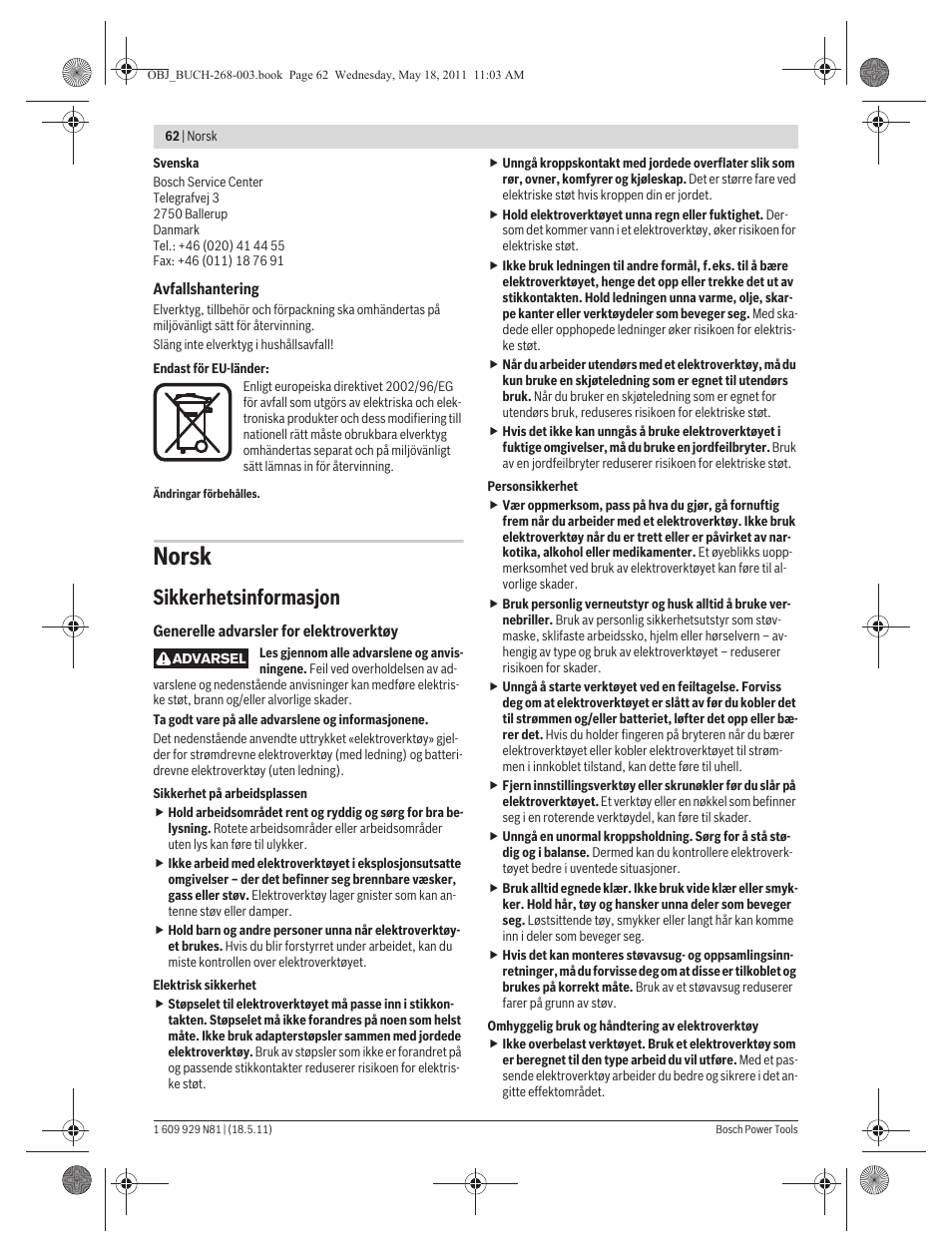 Norsk, Sikkerhetsinformasjon | Bosch GFF 22 A Professional User Manual | Page 62 / 173