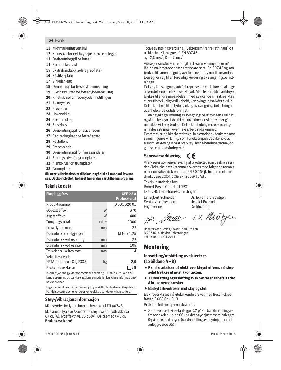 Montering | Bosch GFF 22 A Professional User Manual | Page 64 / 173