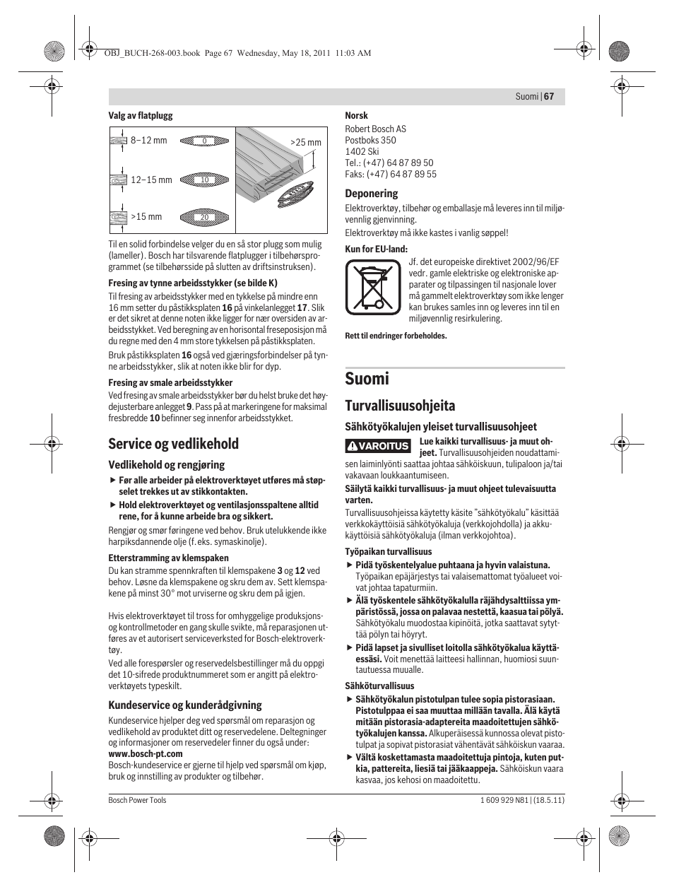 Suomi, Service og vedlikehold, Turvallisuusohjeita | Bosch GFF 22 A Professional User Manual | Page 67 / 173