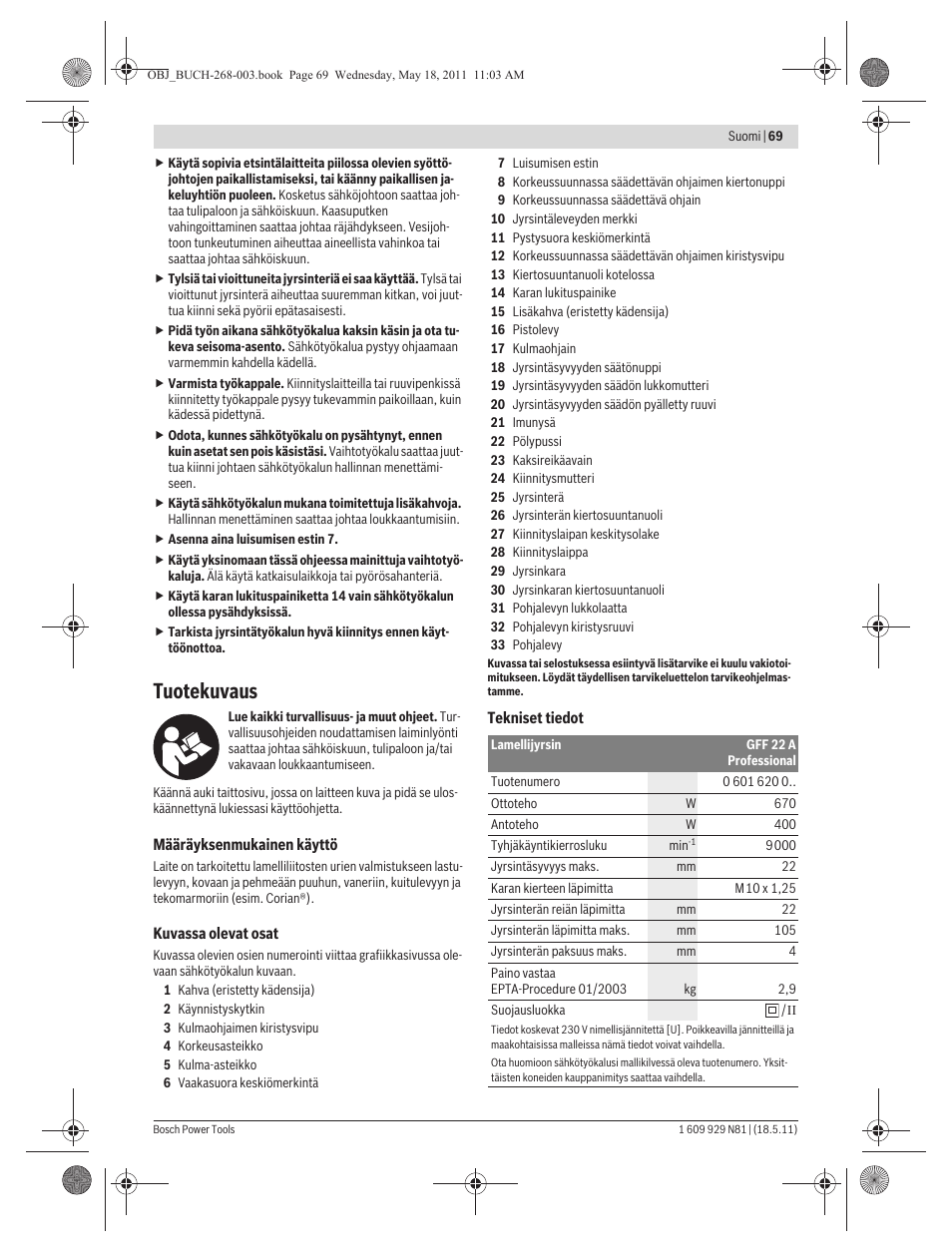 Tuotekuvaus | Bosch GFF 22 A Professional User Manual | Page 69 / 173