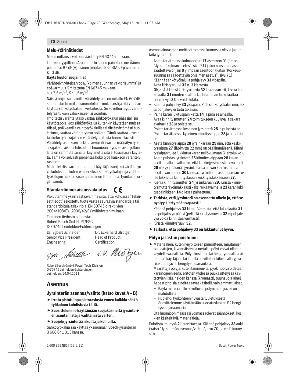 Asennus | Bosch GFF 22 A Professional User Manual | Page 70 / 173