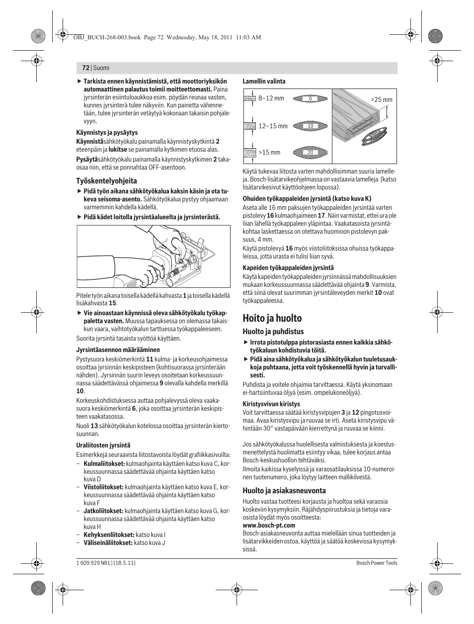 Hoito ja huolto | Bosch GFF 22 A Professional User Manual | Page 72 / 173