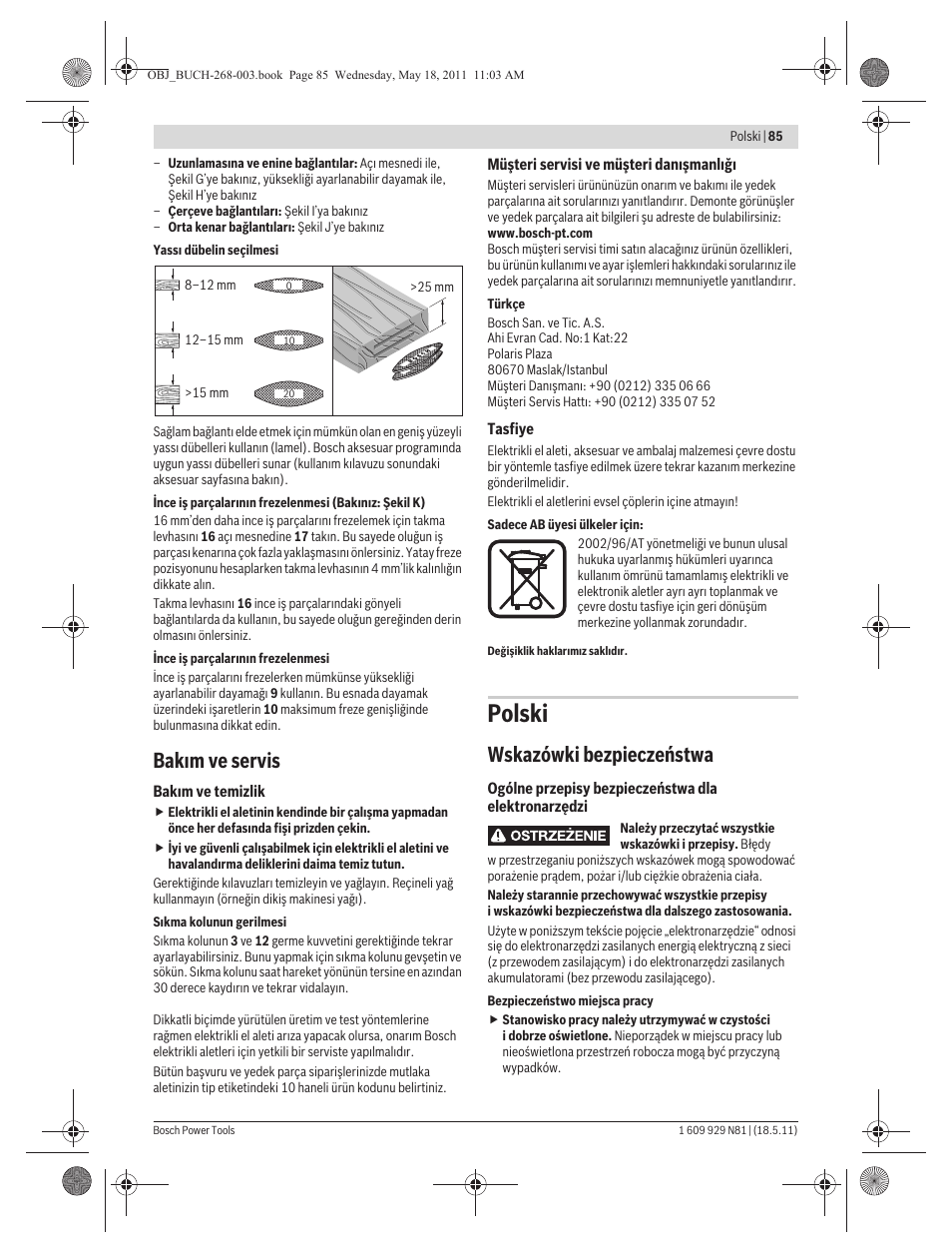 Polski, Bak m ve servis, Wskazówki bezpieczeństwa | Bosch GFF 22 A Professional User Manual | Page 85 / 173