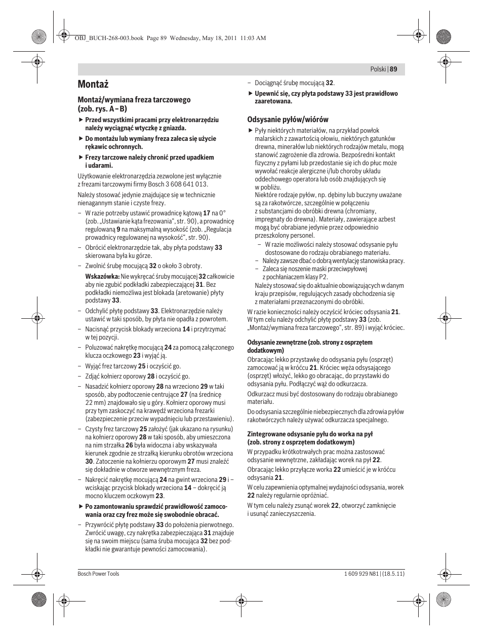 Montaż | Bosch GFF 22 A Professional User Manual | Page 89 / 173
