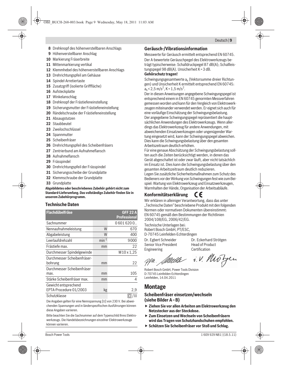 Montage | Bosch GFF 22 A Professional User Manual | Page 9 / 173