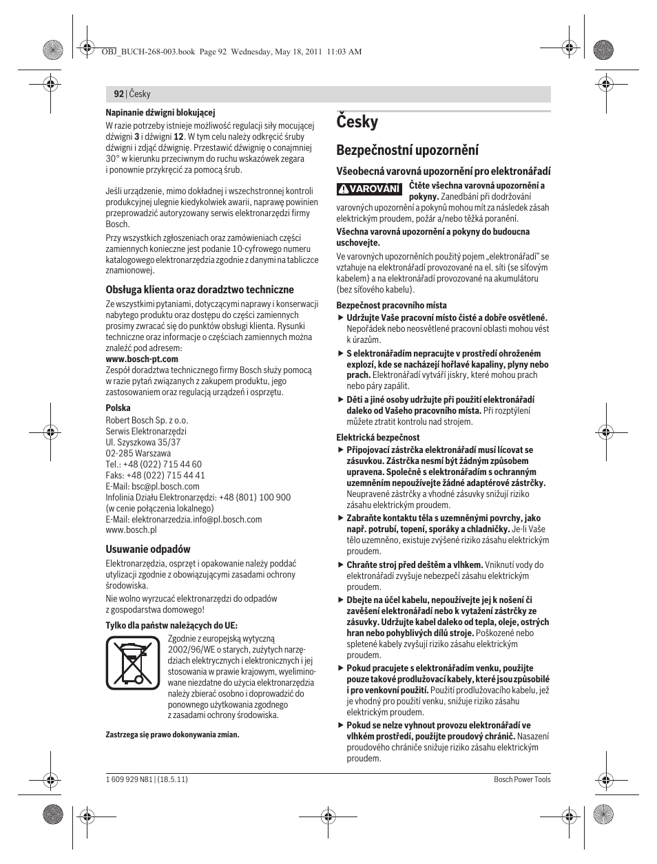 Česky, Bezpečnostní upozornění | Bosch GFF 22 A Professional User Manual | Page 92 / 173