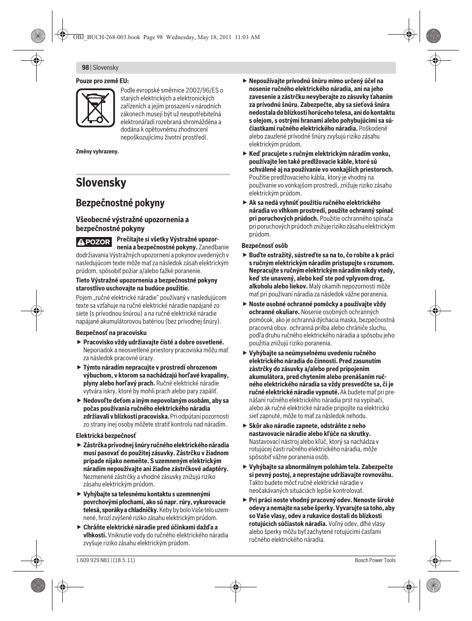 Slovensky, Bezpečnostné pokyny | Bosch GFF 22 A Professional User Manual | Page 98 / 173