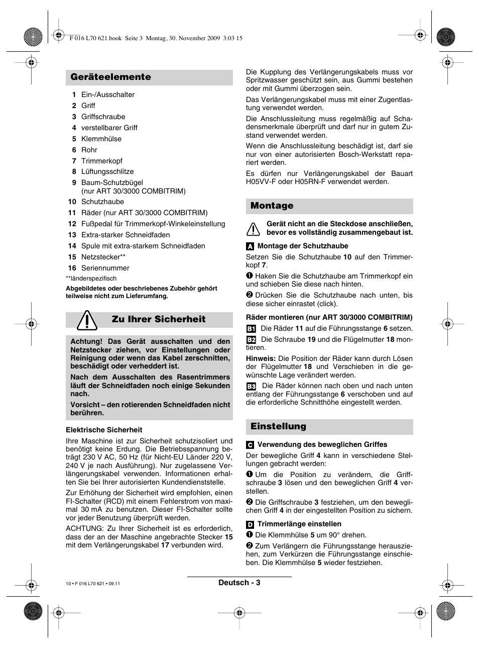 Geräteelemente zu ihrer sicherheit, Montage einstellung | Bosch ART 23 Combitrim User Manual | Page 10 / 194