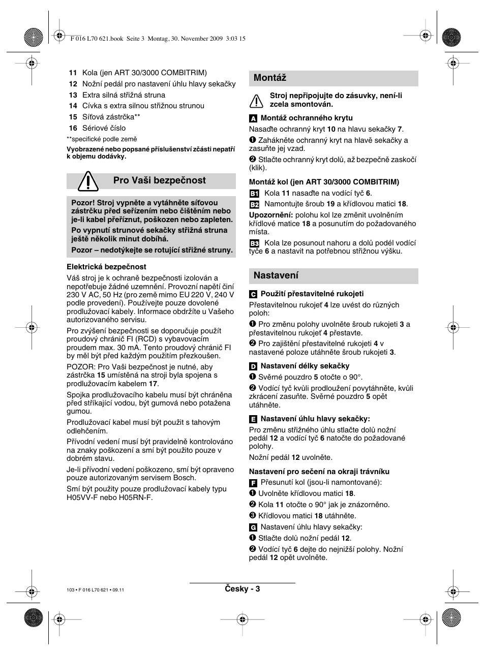 Pro va‰i bezpeãnost, Montáï nastavení | Bosch ART 23 Combitrim User Manual | Page 103 / 194