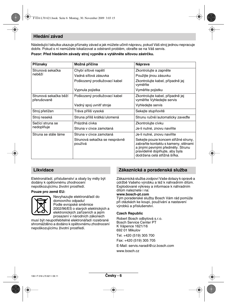 Hledání závad, Likvidace zákaznická a poradenská sluïba | Bosch ART 23 Combitrim User Manual | Page 106 / 194