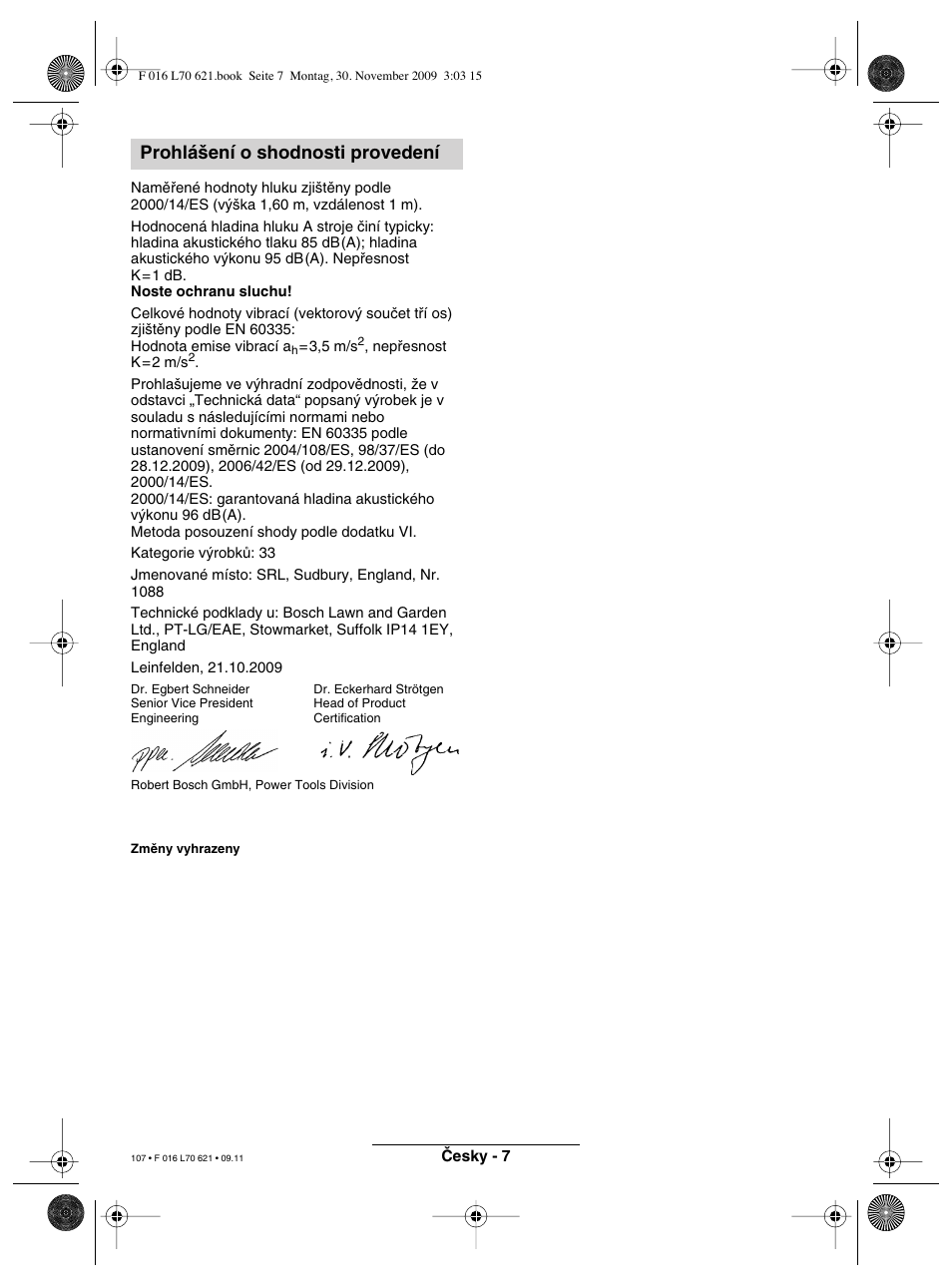 Prohlá‰ení o shodnosti provedení | Bosch ART 23 Combitrim User Manual | Page 107 / 194