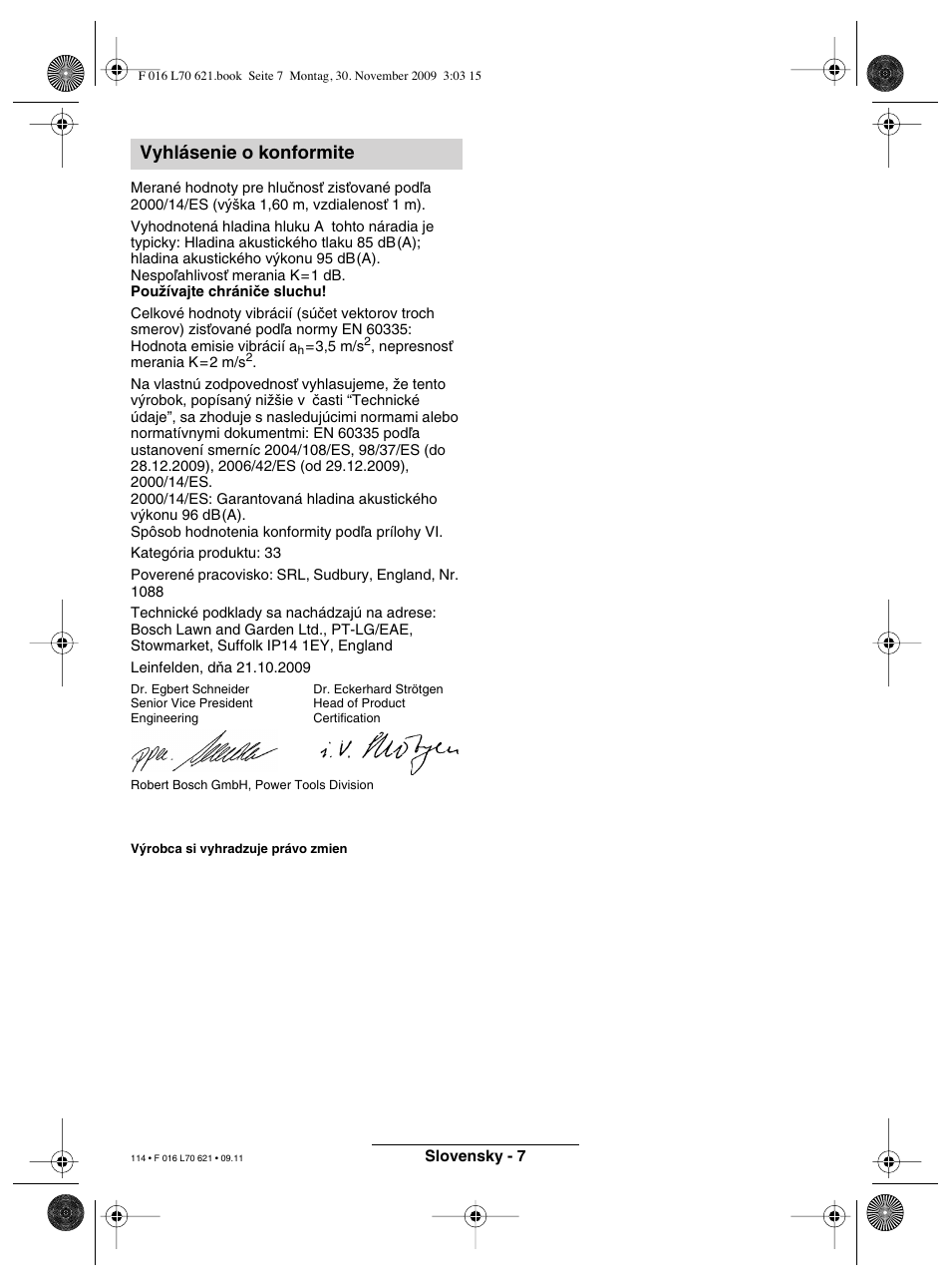 Vyhlásenie o konformite | Bosch ART 23 Combitrim User Manual | Page 114 / 194