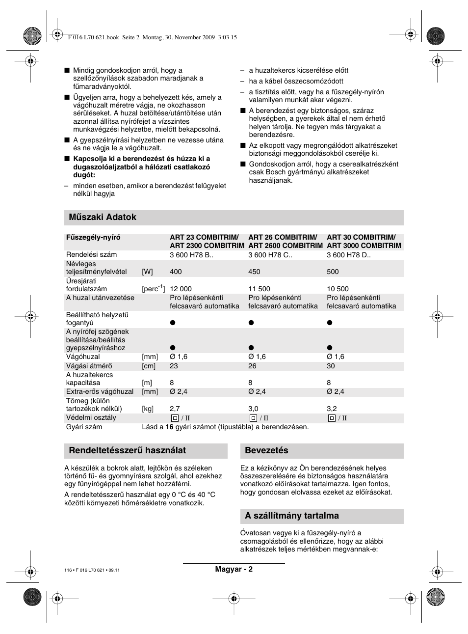 Mæszaki adatok | Bosch ART 23 Combitrim User Manual | Page 116 / 194