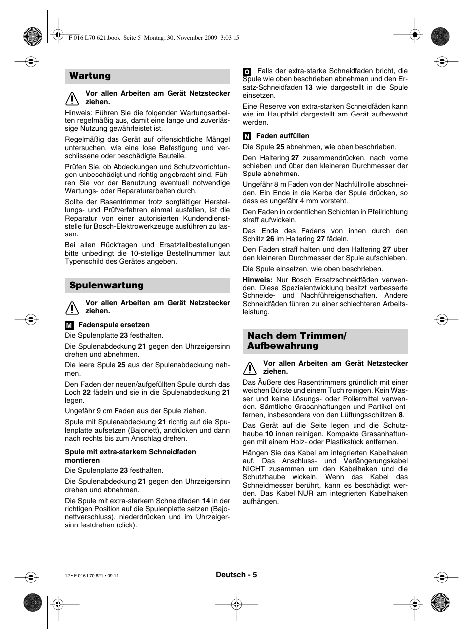 Wartung spulenwartung, Nach dem trimmen/ aufbewahrung | Bosch ART 23 Combitrim User Manual | Page 12 / 194