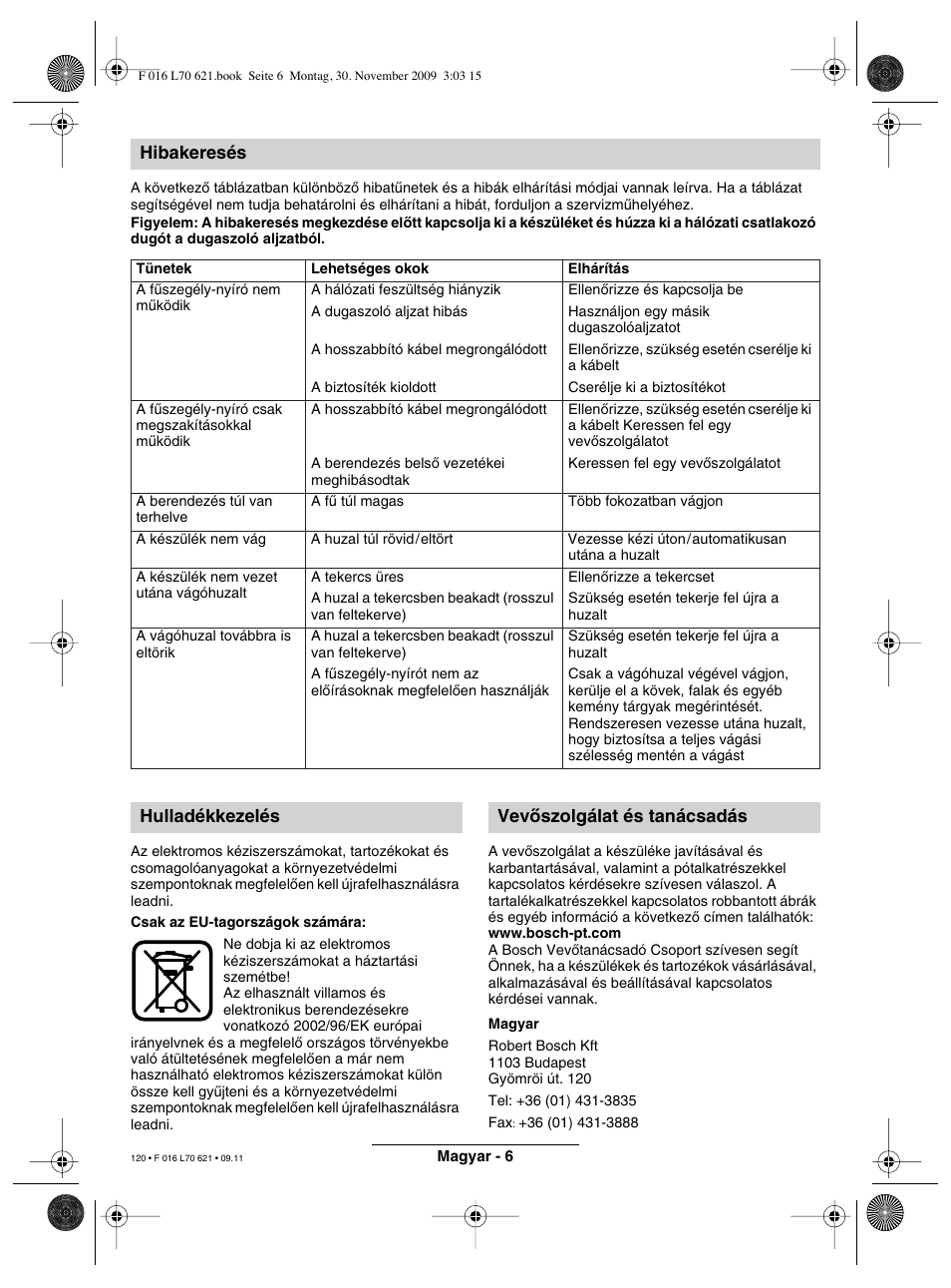 Hibakeresés, Hulladékkezelés vevœszolgálat és tanácsadás | Bosch ART 23 Combitrim User Manual | Page 120 / 194