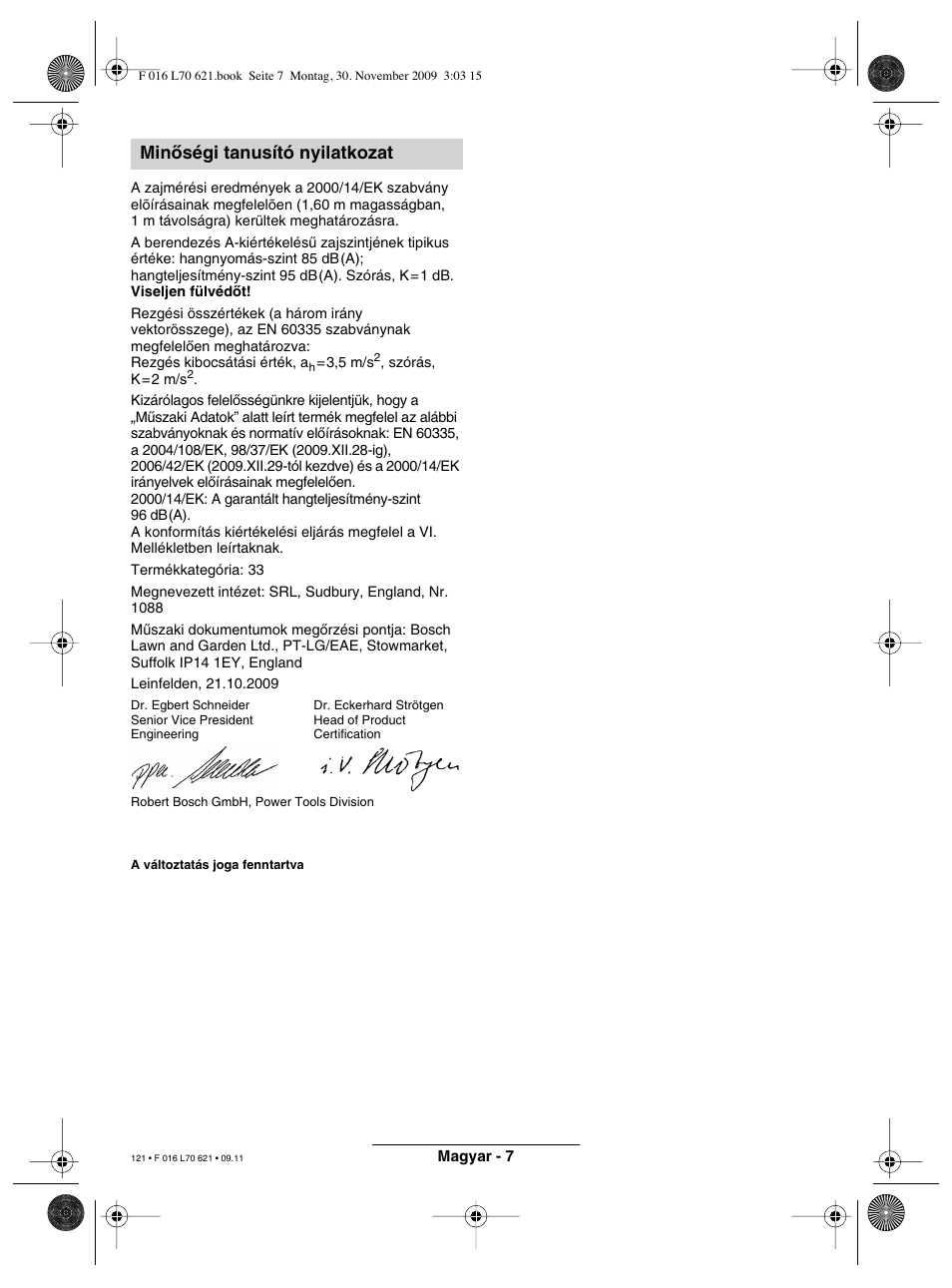 Minœségi tanusító nyilatkozat | Bosch ART 23 Combitrim User Manual | Page 121 / 194