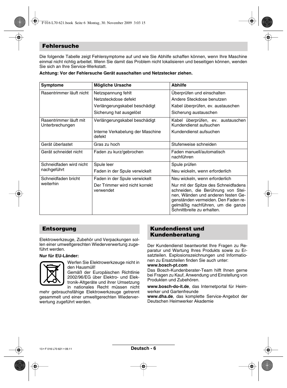 Fehlersuche, Entsorgung kundendienst und kundenberatung | Bosch ART 23 Combitrim User Manual | Page 13 / 194