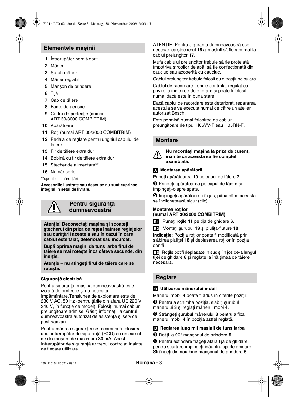 Elementele maµinii pentru siguranøa dumneavoastrå, Montare reglare | Bosch ART 23 Combitrim User Manual | Page 139 / 194