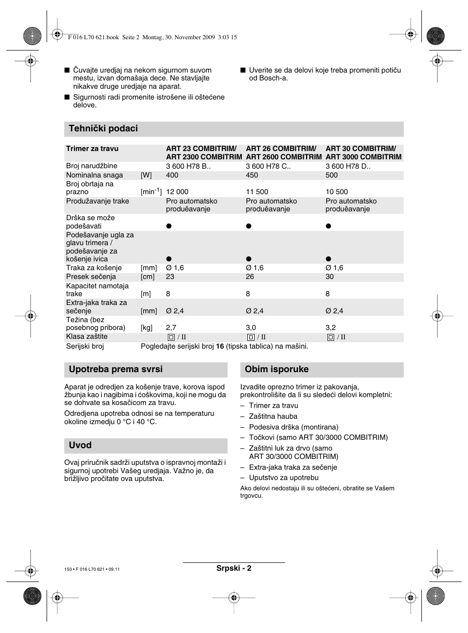 Tehniãki podaci, Upotreba prema svrsi uvod obim isporuke | Bosch ART 23 Combitrim User Manual | Page 153 / 194