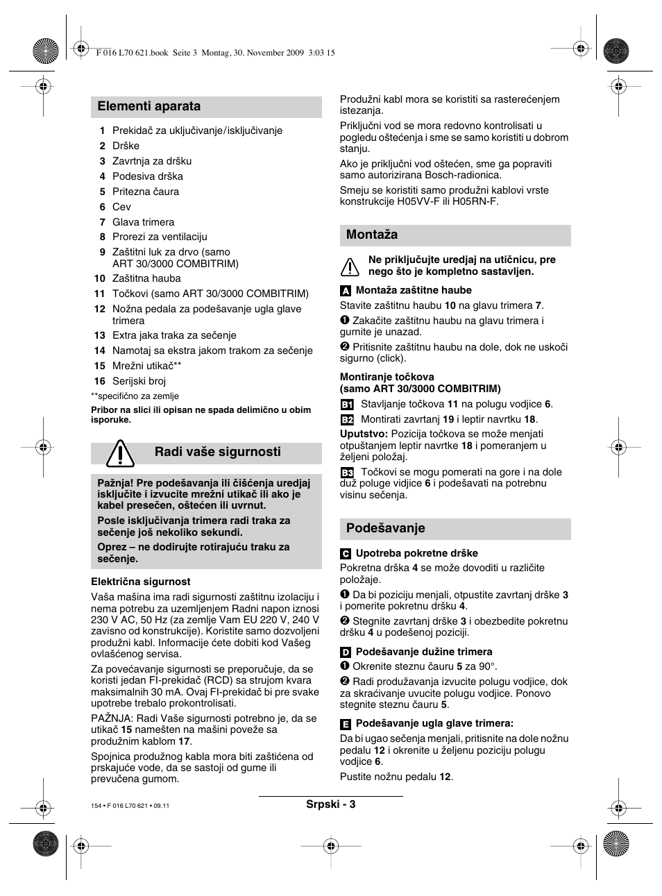 Elementi aparata radi va‰e sigurnosti, Montaïa pode‰avanje | Bosch ART 23 Combitrim User Manual | Page 154 / 194