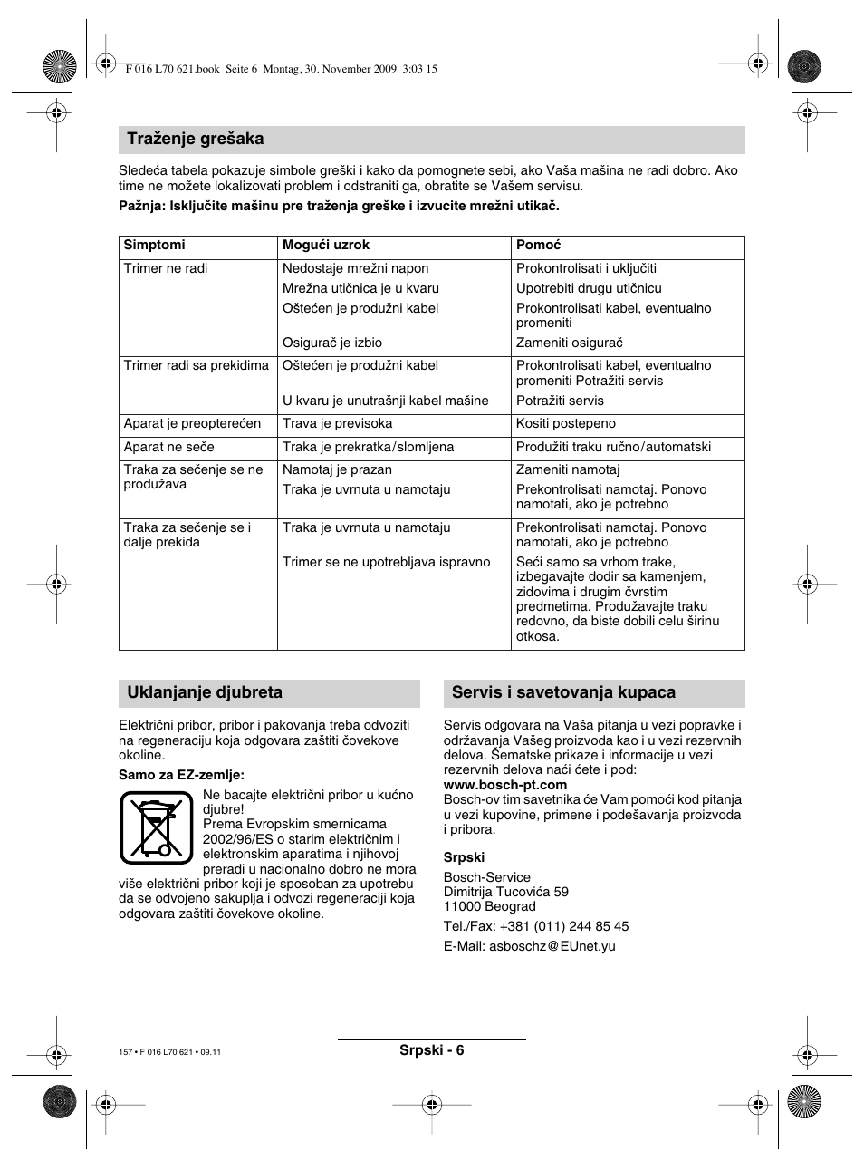 Traïenje gre‰aka, Uklanjanje djubreta servis i savetovanja kupaca | Bosch ART 23 Combitrim User Manual | Page 157 / 194