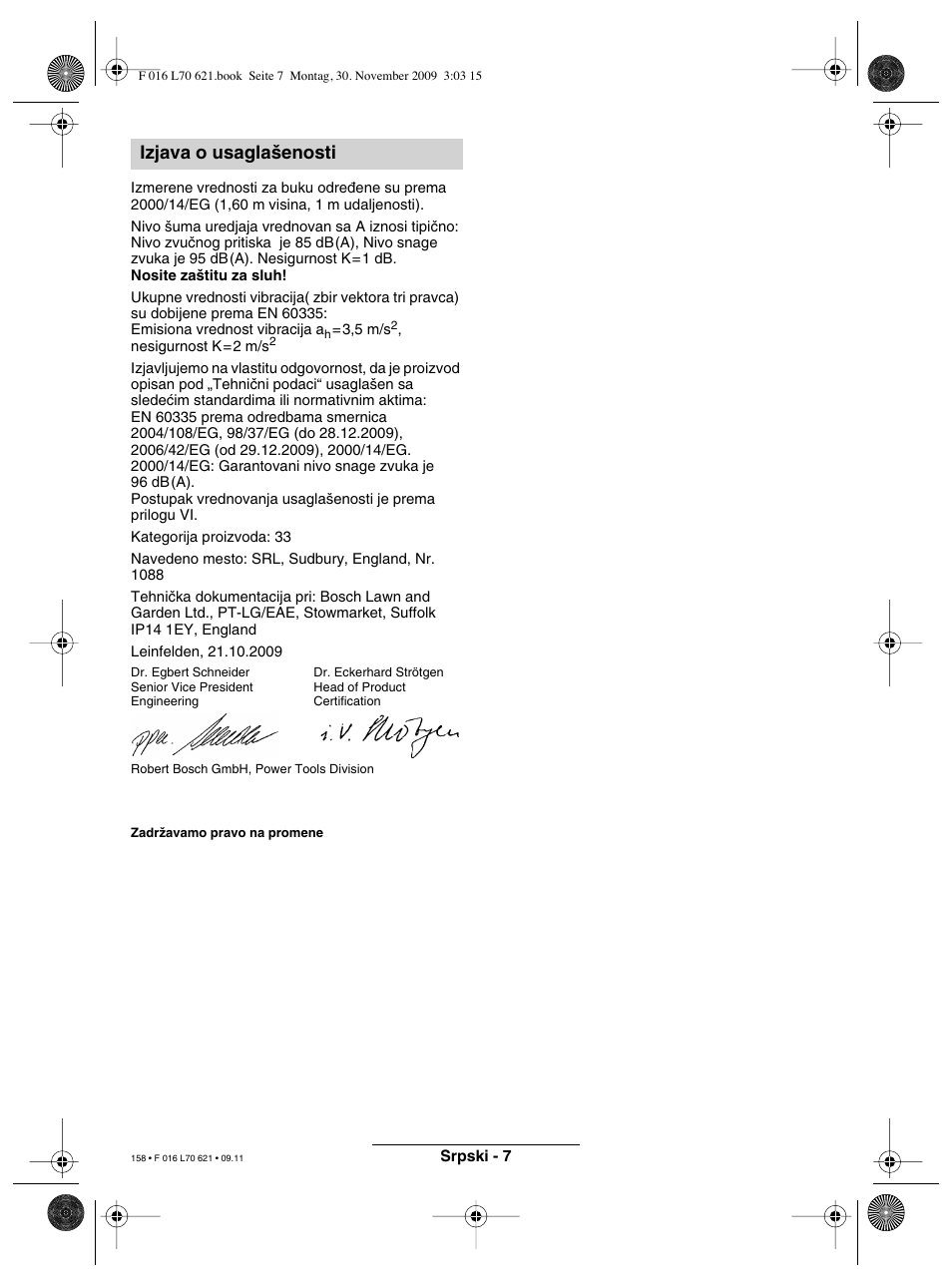 Izjava o usagla‰enosti | Bosch ART 23 Combitrim User Manual | Page 158 / 194