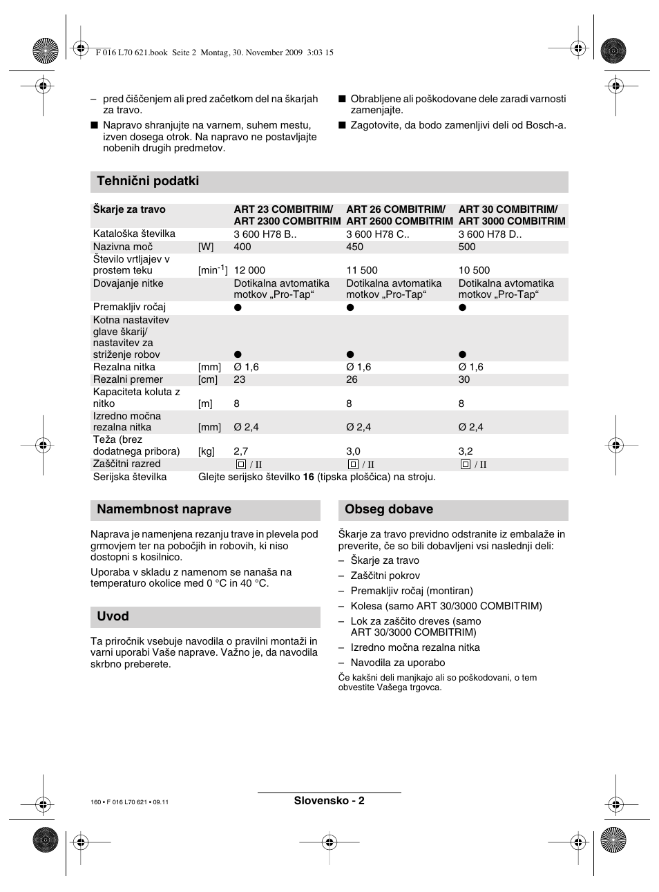 Tehniãni podatki, Namembnost naprave uvod obseg dobave | Bosch ART 23 Combitrim User Manual | Page 160 / 194