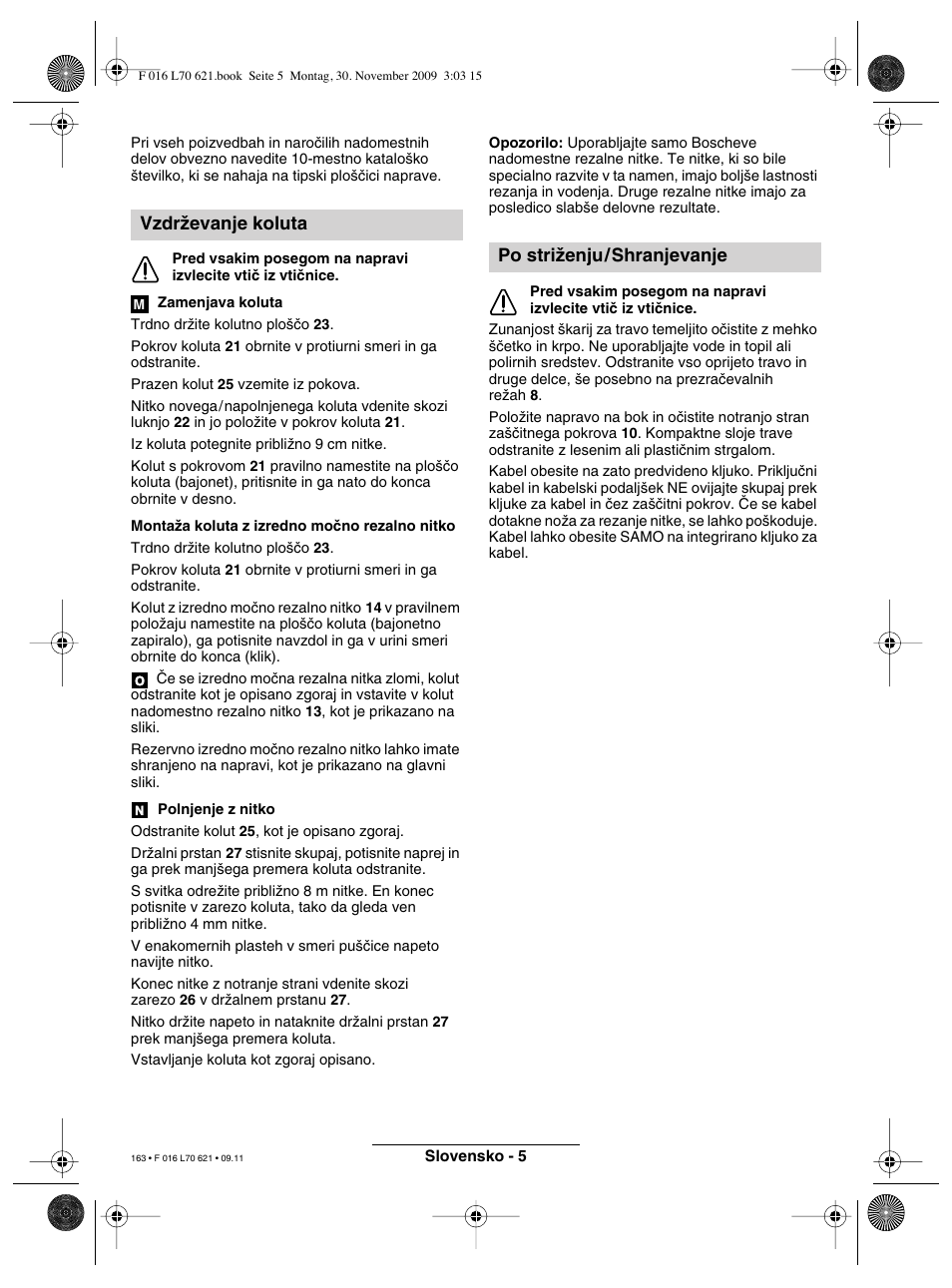Vzdrïevanje koluta, Po striïenju/shranjevanje | Bosch ART 23 Combitrim User Manual | Page 163 / 194