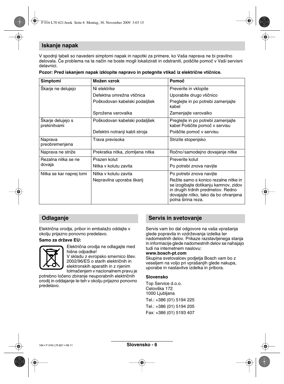 Iskanje napak, Odlaganje servis in svetovanje | Bosch ART 23 Combitrim User Manual | Page 164 / 194