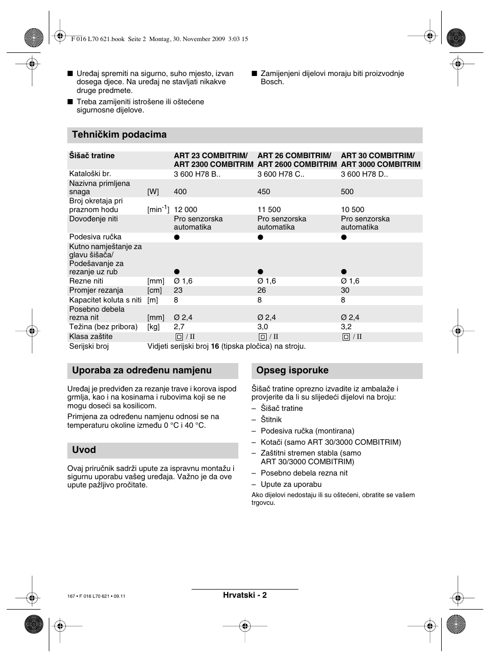 Tehniãkim podacima, Uporaba za odre∂enu namjenu uvod opseg isporuke | Bosch ART 23 Combitrim User Manual | Page 167 / 194