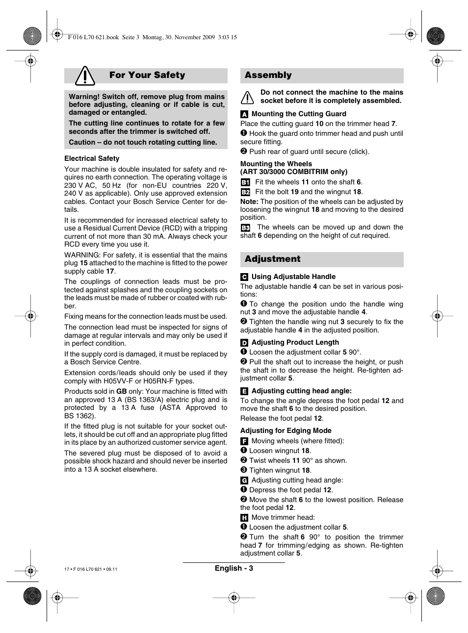 For your safety, Assembly adjustment | Bosch ART 23 Combitrim User Manual | Page 17 / 194