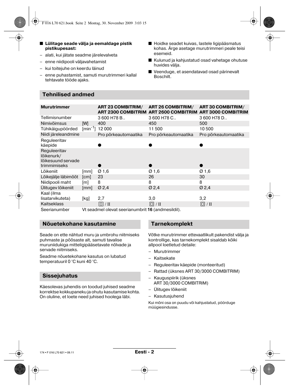 Tehnilised andmed, Nõuetekohane kasutamine sissejuhatus tarnekomplekt | Bosch ART 23 Combitrim User Manual | Page 174 / 194