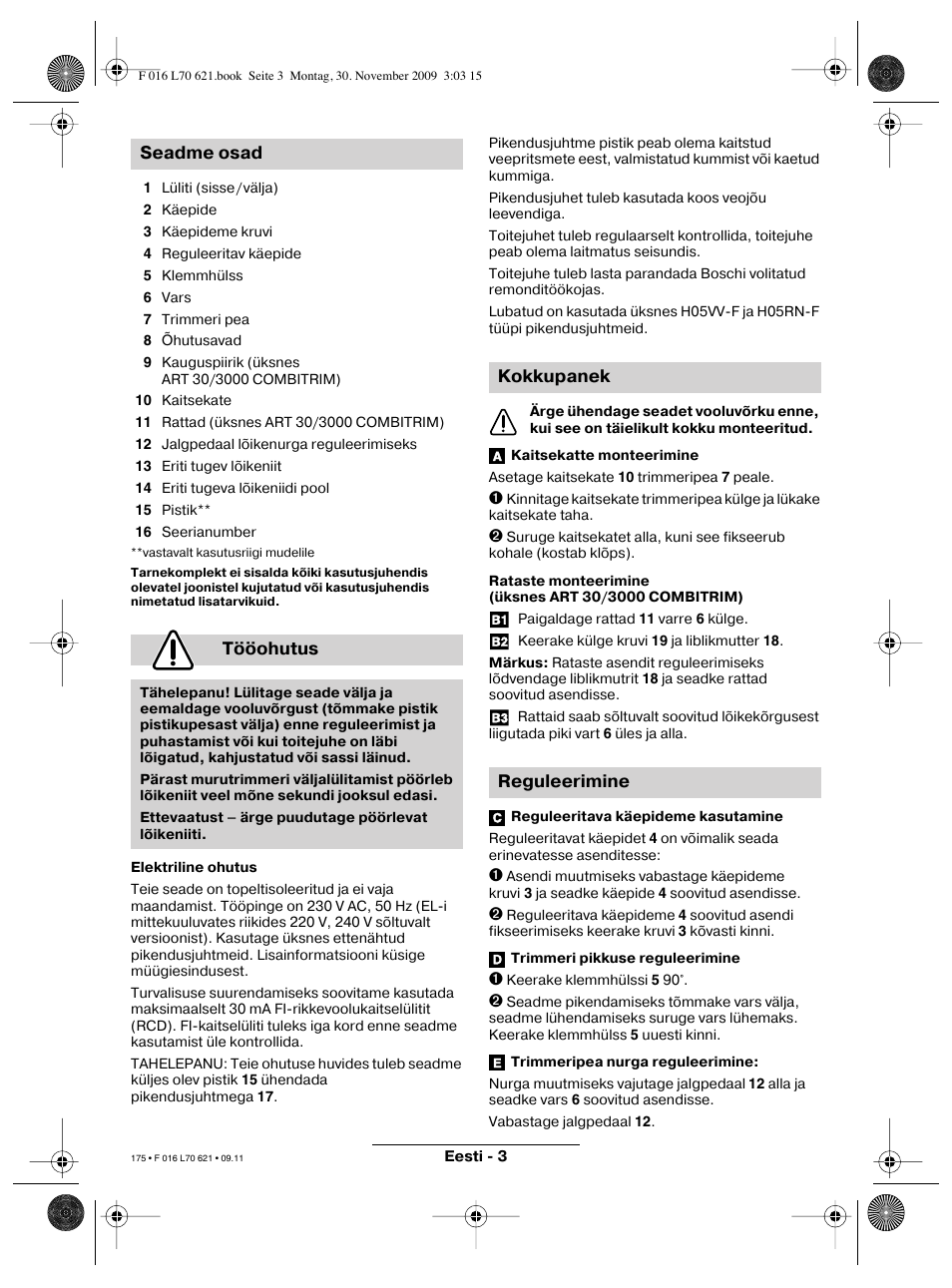 Seadme osad tööohutus, Kokkupanek reguleerimine | Bosch ART 23 Combitrim User Manual | Page 175 / 194