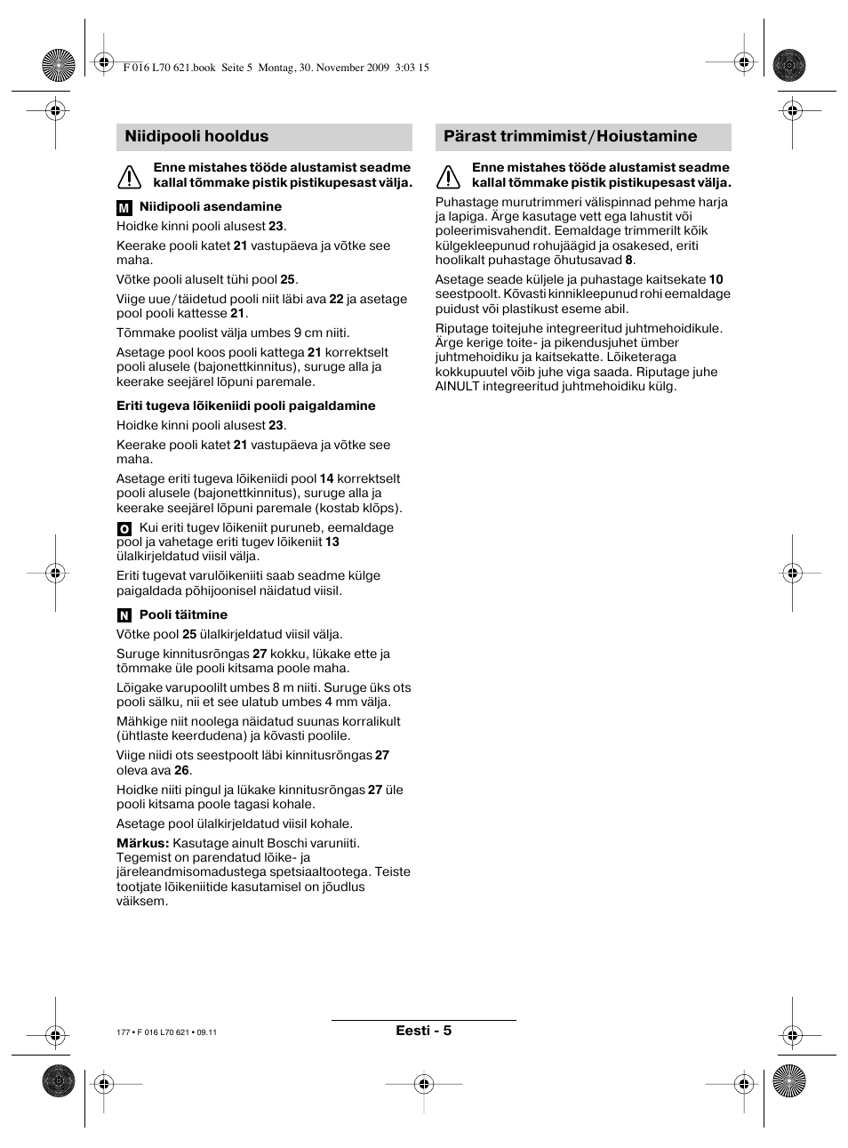 Niidipooli hooldus, Pärast trimmimist/hoiustamine | Bosch ART 23 Combitrim User Manual | Page 177 / 194