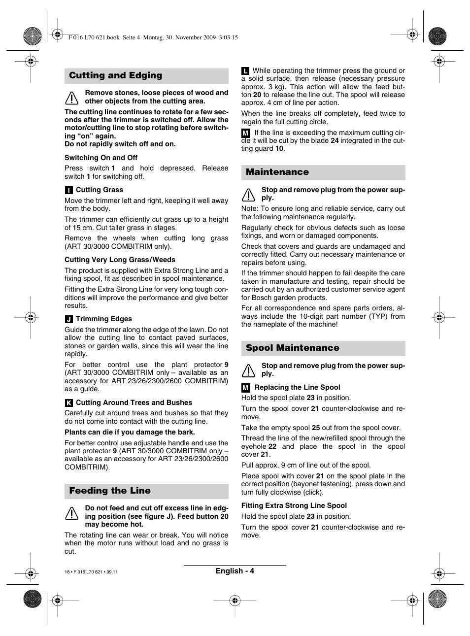 Cutting and edging feeding the line, Maintenance spool maintenance | Bosch ART 23 Combitrim User Manual | Page 18 / 194