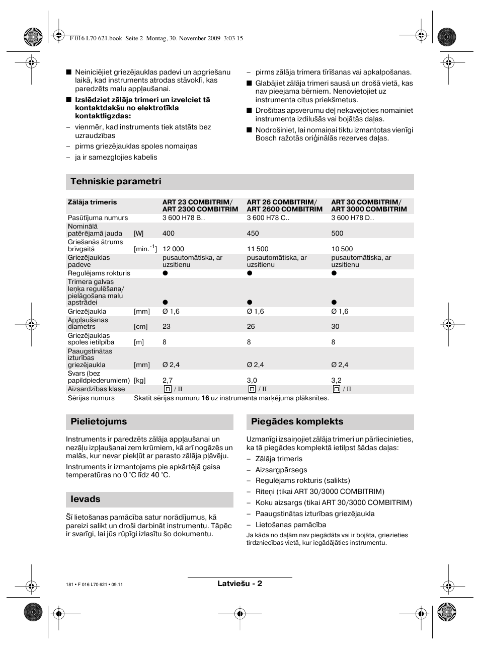 Tehniskie parametri, Pielietojums ievads piegādes komplekts | Bosch ART 23 Combitrim User Manual | Page 181 / 194