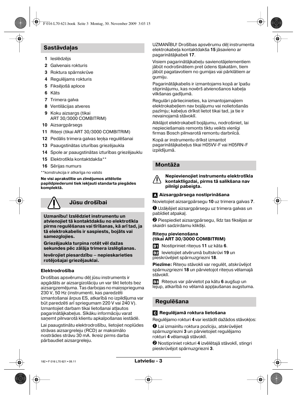 Sastāvda as jūsu drošībai, Montāža regulēšana | Bosch ART 23 Combitrim User Manual | Page 182 / 194