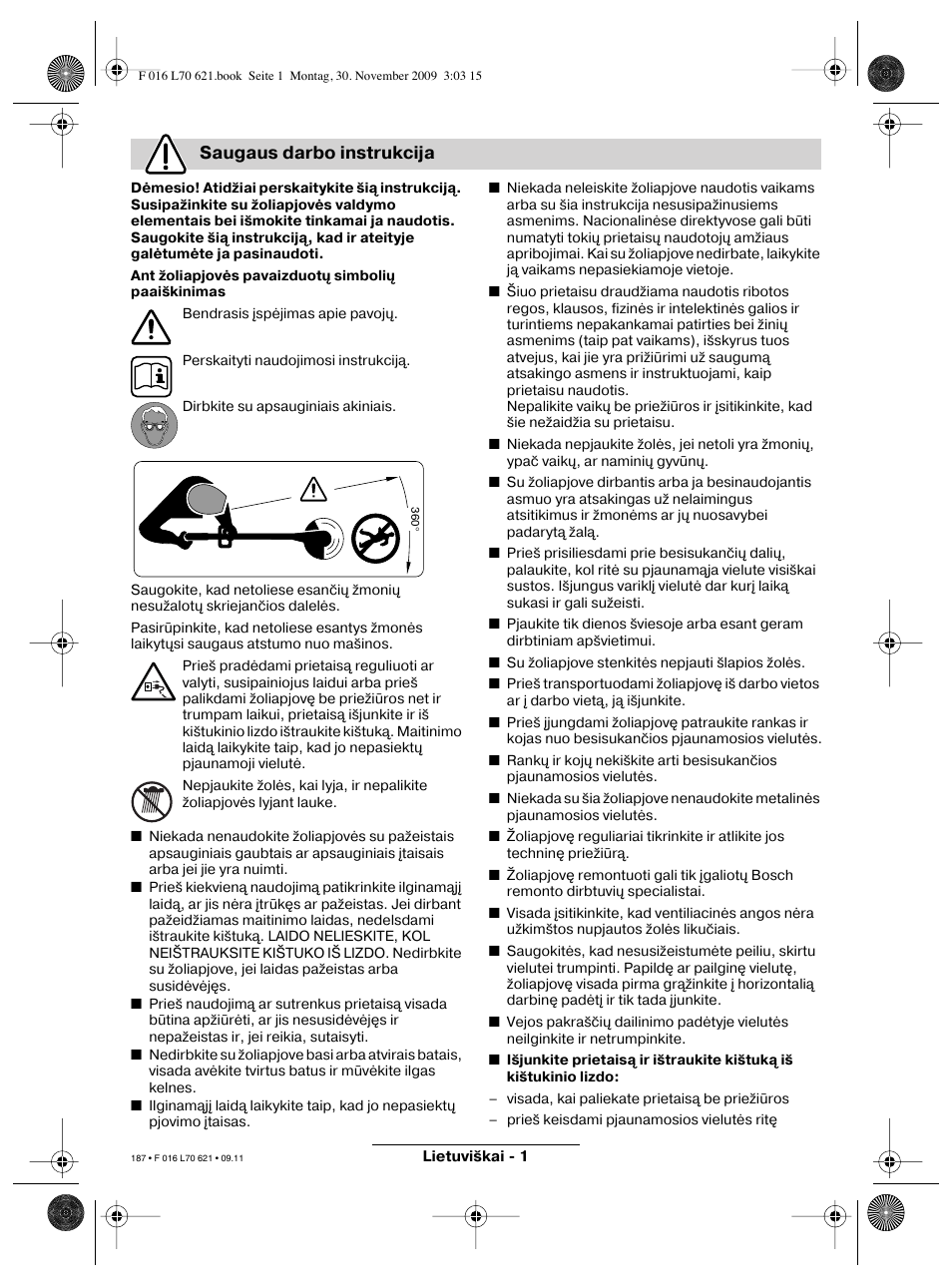 Saugaus darbo instrukcija | Bosch ART 23 Combitrim User Manual | Page 187 / 194