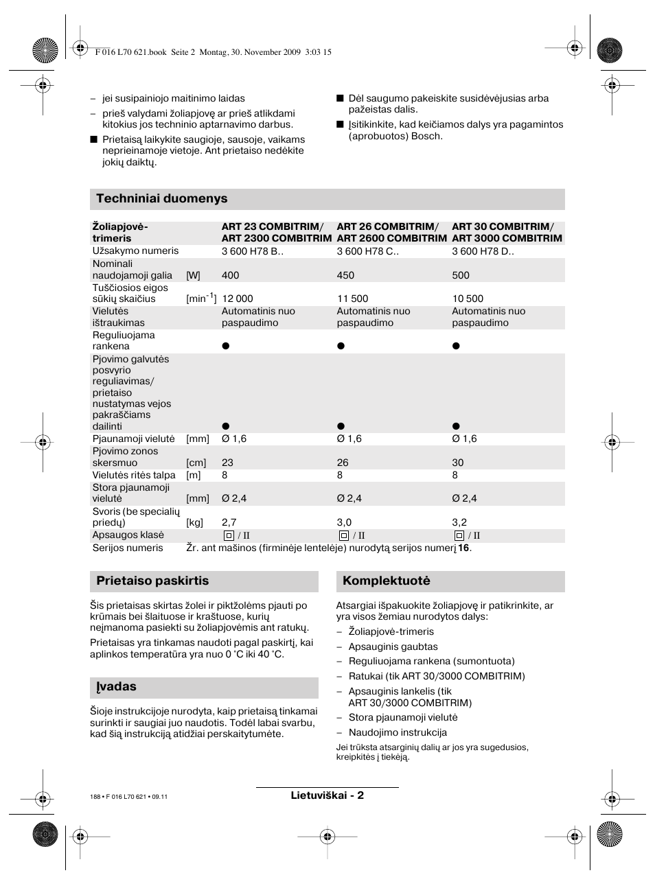 Techniniai duomenys, Prietaiso paskirtis įvadas komplektuotė | Bosch ART 23 Combitrim User Manual | Page 188 / 194