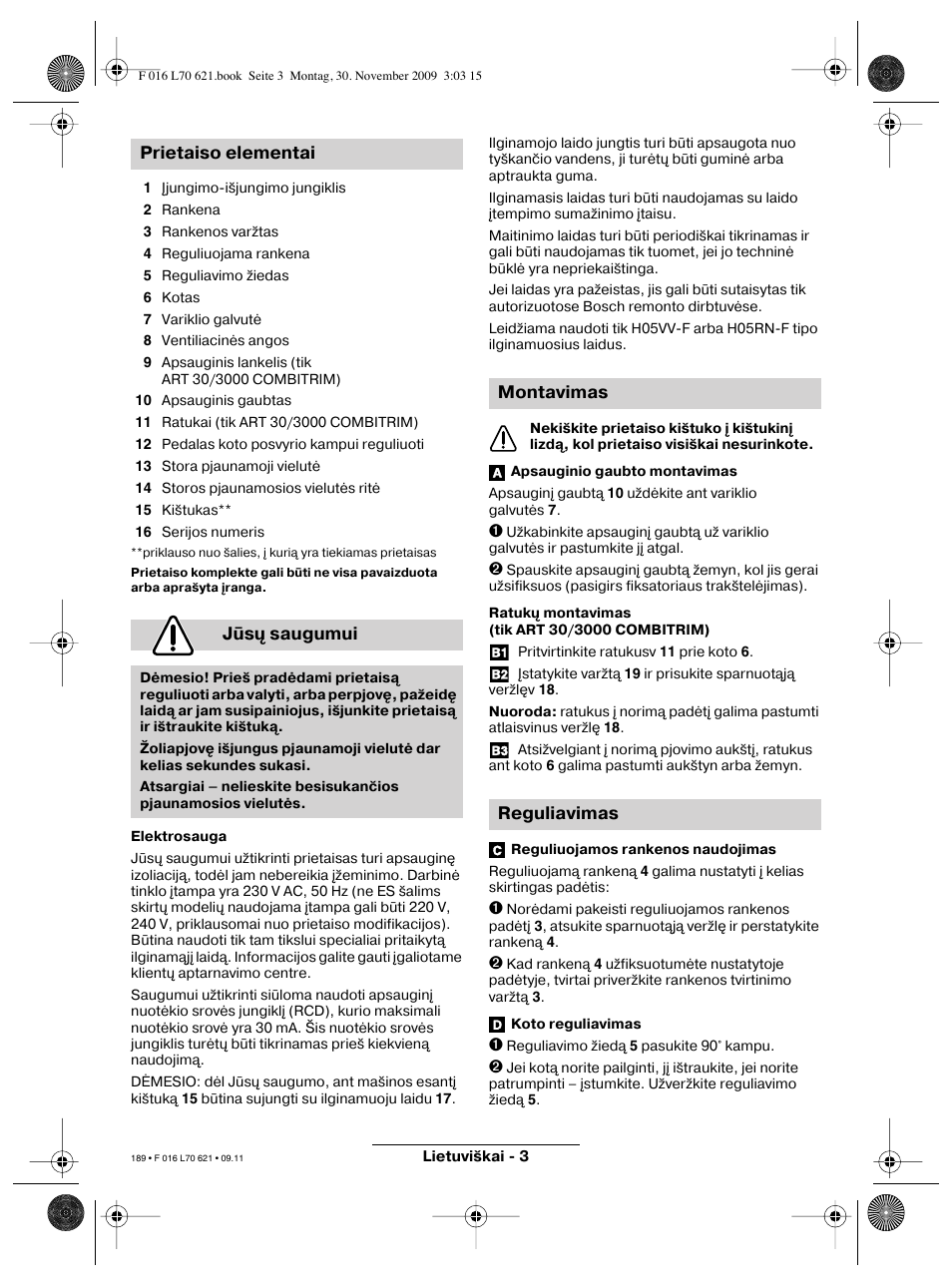 Prietaiso elementai jūsų saugumui, Montavimas reguliavimas | Bosch ART 23 Combitrim User Manual | Page 189 / 194