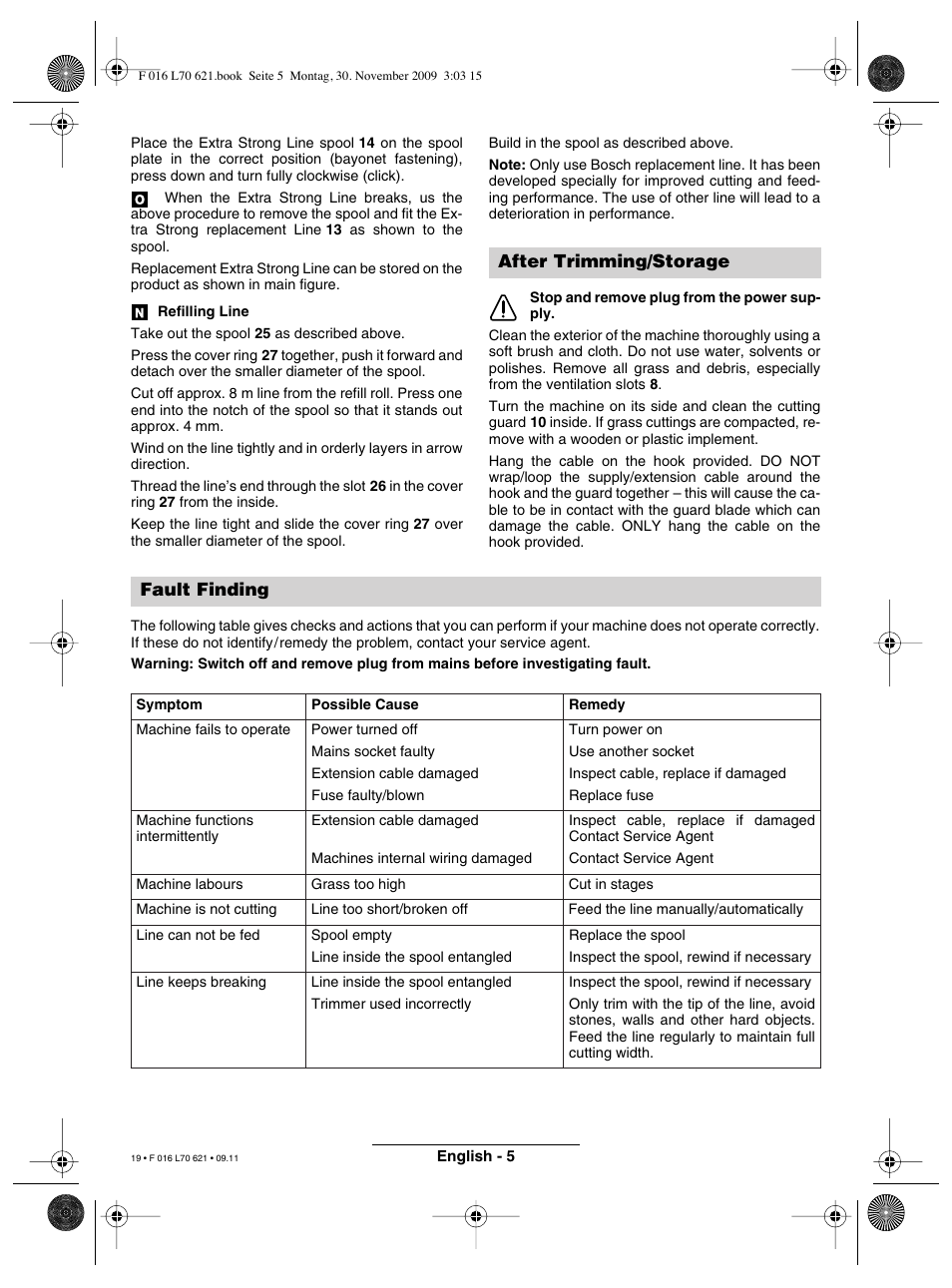 After trimming/storage fault finding | Bosch ART 23 Combitrim User Manual | Page 19 / 194