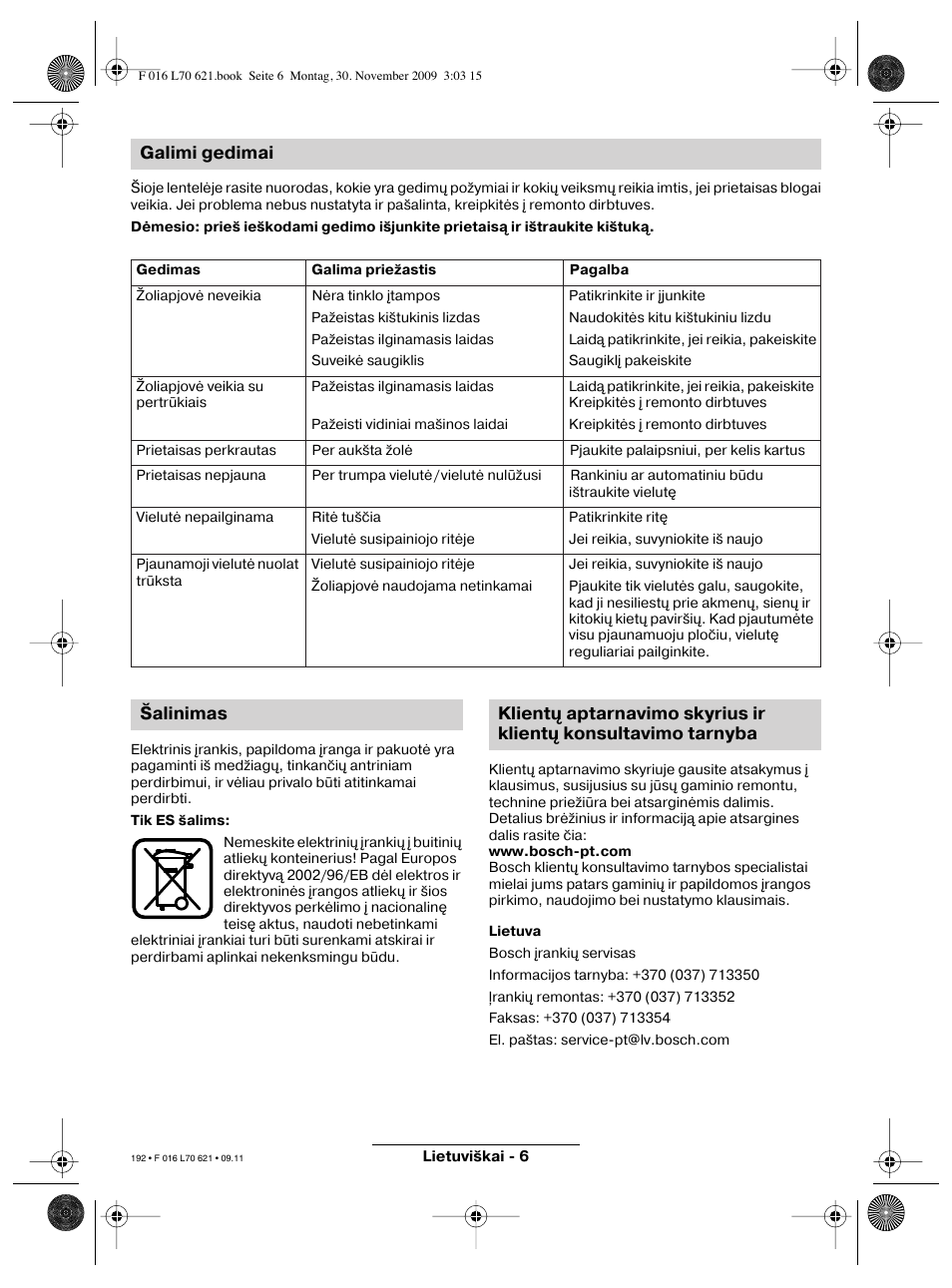 Galimi gedimai | Bosch ART 23 Combitrim User Manual | Page 192 / 194