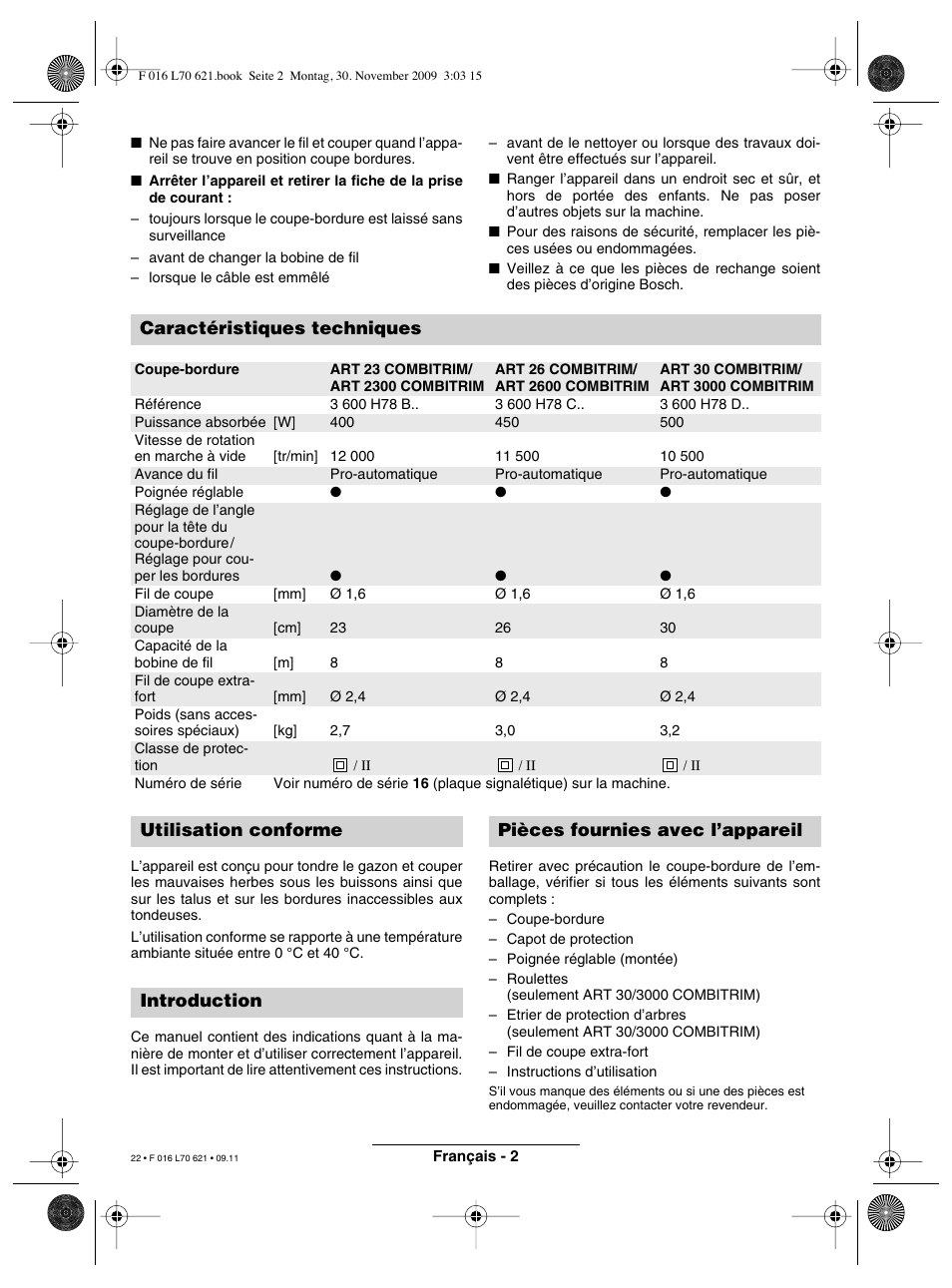 Caractéristiques techniques | Bosch ART 23 Combitrim User Manual | Page 22 / 194