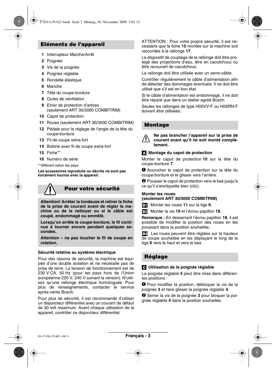 Eléments de l’appareil pour votre sécurité, Montage réglage | Bosch ART 23 Combitrim User Manual | Page 23 / 194